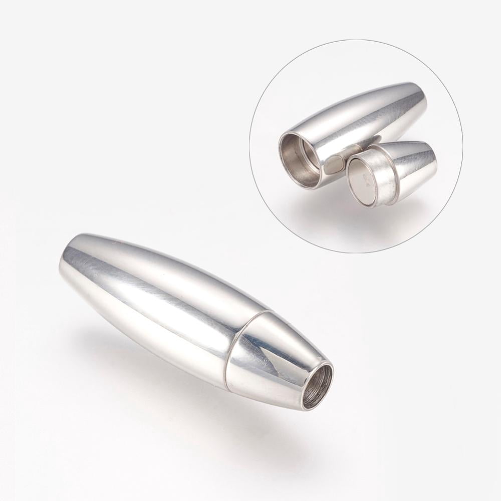 Resistant Smooth 304 Stainless Steel Magnetic Clasps with Glue-in Ends Oval Shape Stainless Steel color 28x9mm Hole: 4mm