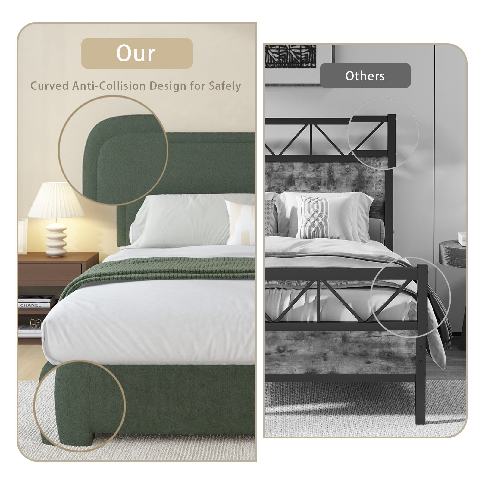 4 EVER WINNER Full Size Bed Frame, Boucle Upholstered Bed Frame with Headboard, No Box Spring Required, Easy Assembly, Green
