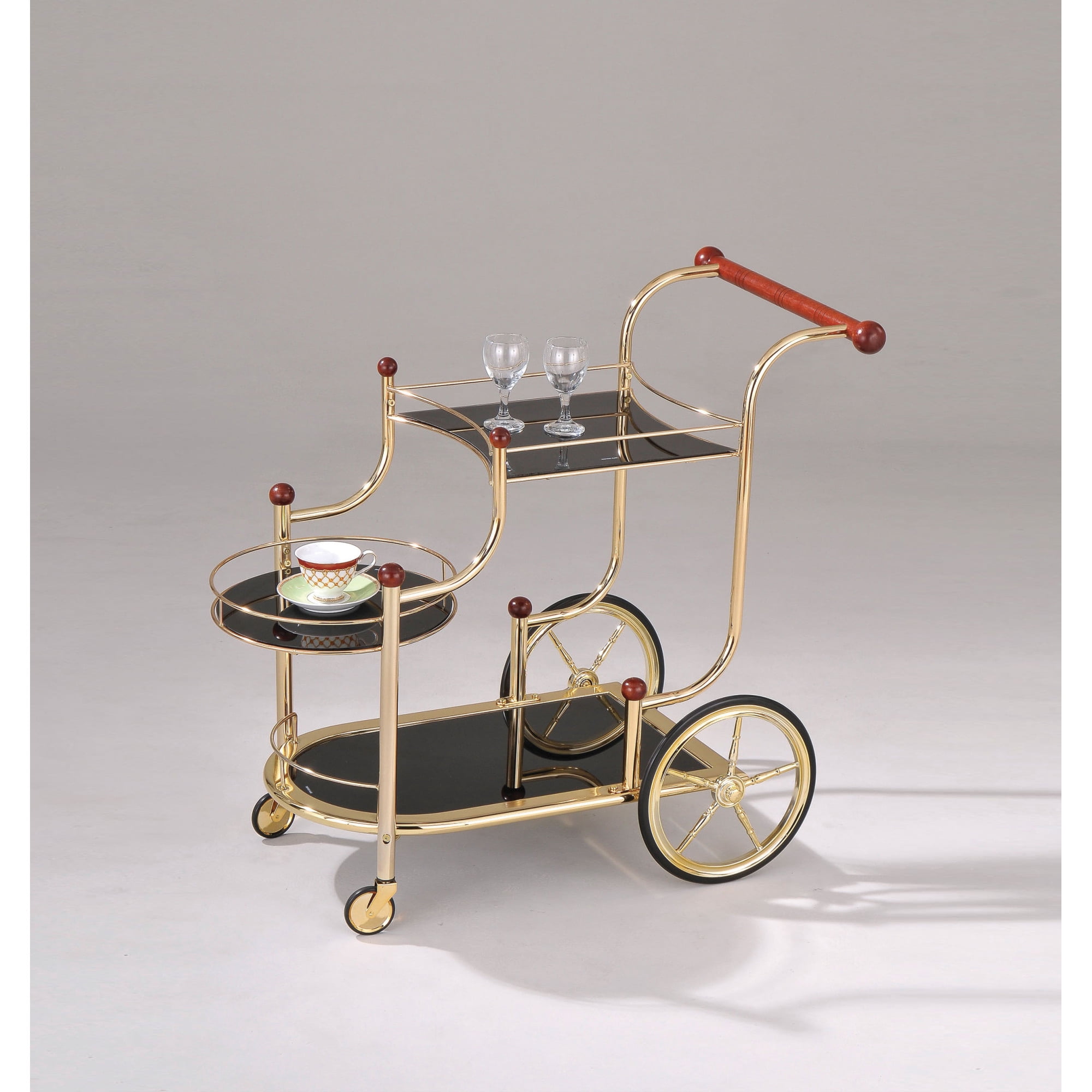 Contemporary Style ACME Lacy Serving Cart, Gold Plated, Cherry Wood & Black Glass
