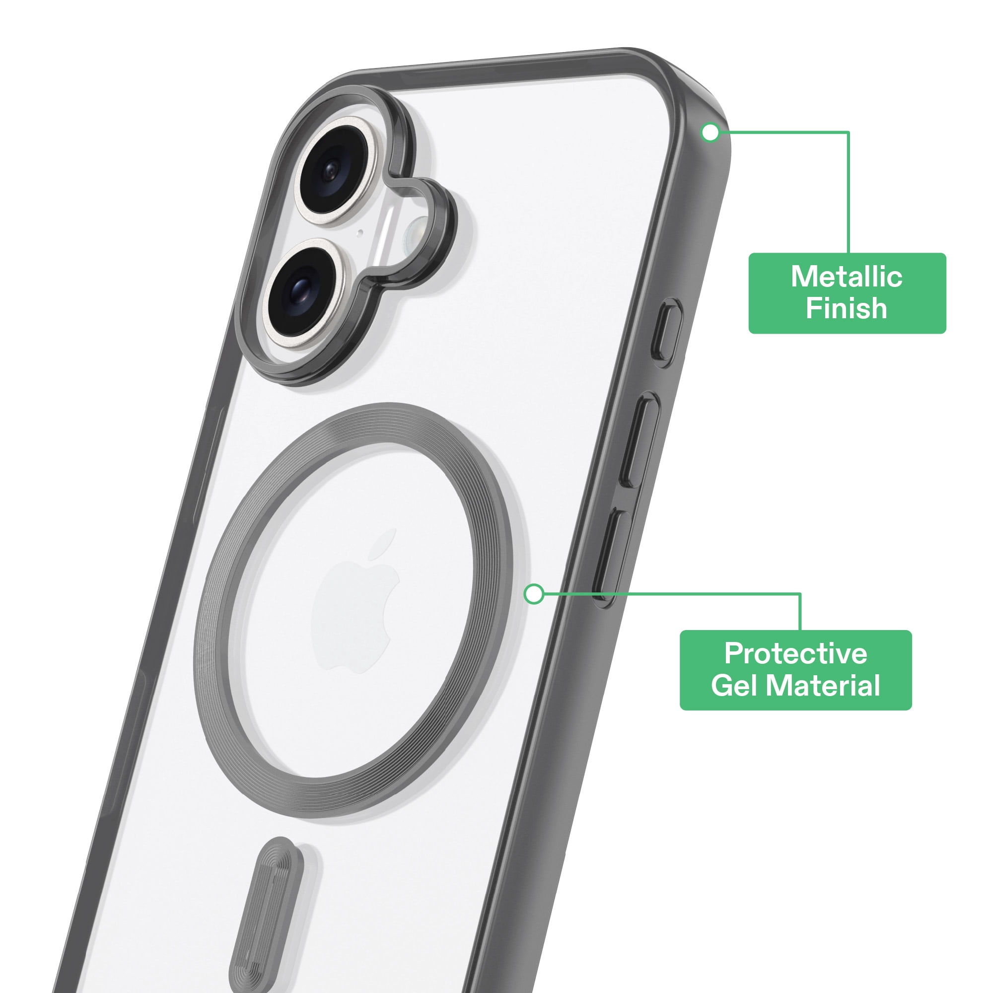 onn MagSafe Compatible Phone Case for iPhone 16 - Metallic Gray/Clear