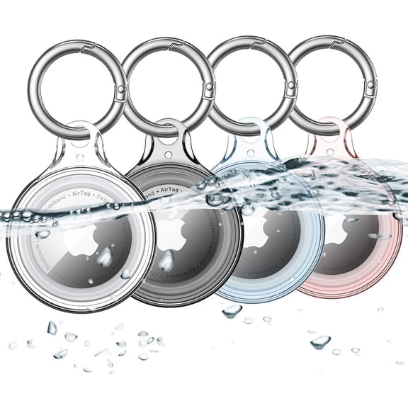 4 Pack Airtag Holder IPX8 Waterproof for Apple Air Tags with Keychain, Hard PC Cover [Anti-Scratch] for Air-Tag Item Finder GPS Tracker Case Key Chain, Clear/Black/Blue/Red
