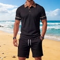 thumbnail image 2 of Bpyeka Men's Plaid-Trimmed Waffle Matching Set, Point Collar Short Sleeve Top & Drawstring Waist Shorts, Preppy Casual Two-Piece Outfit, 2XS-2XL, 2 of 7