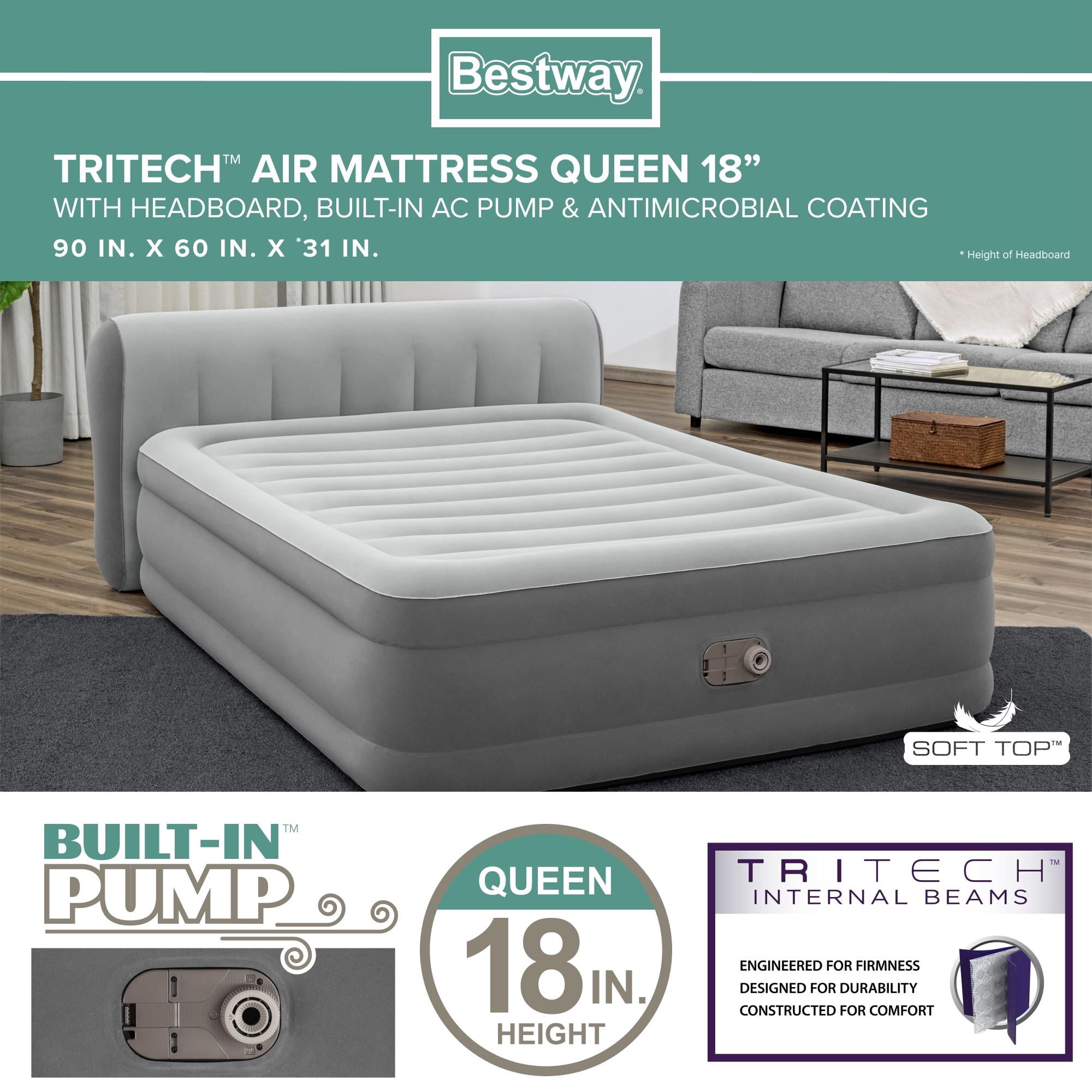 Bestway® Headboard Tritech Air Mattress Queen 18" with Built-in AC Pump