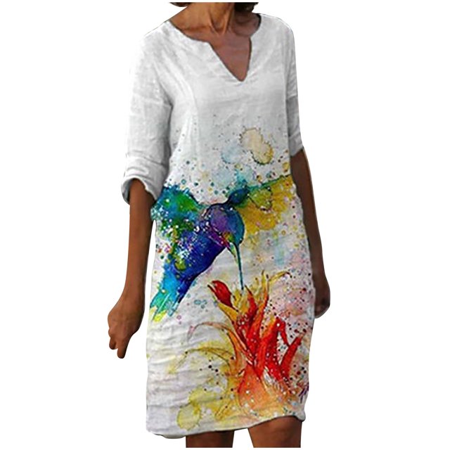Vestidos de manga 3/4 para mujer Vestido de tirantes con estampado de flores a la moda Vestido con cuello en V hasta la rodilla Pompotops hdfakjf6075