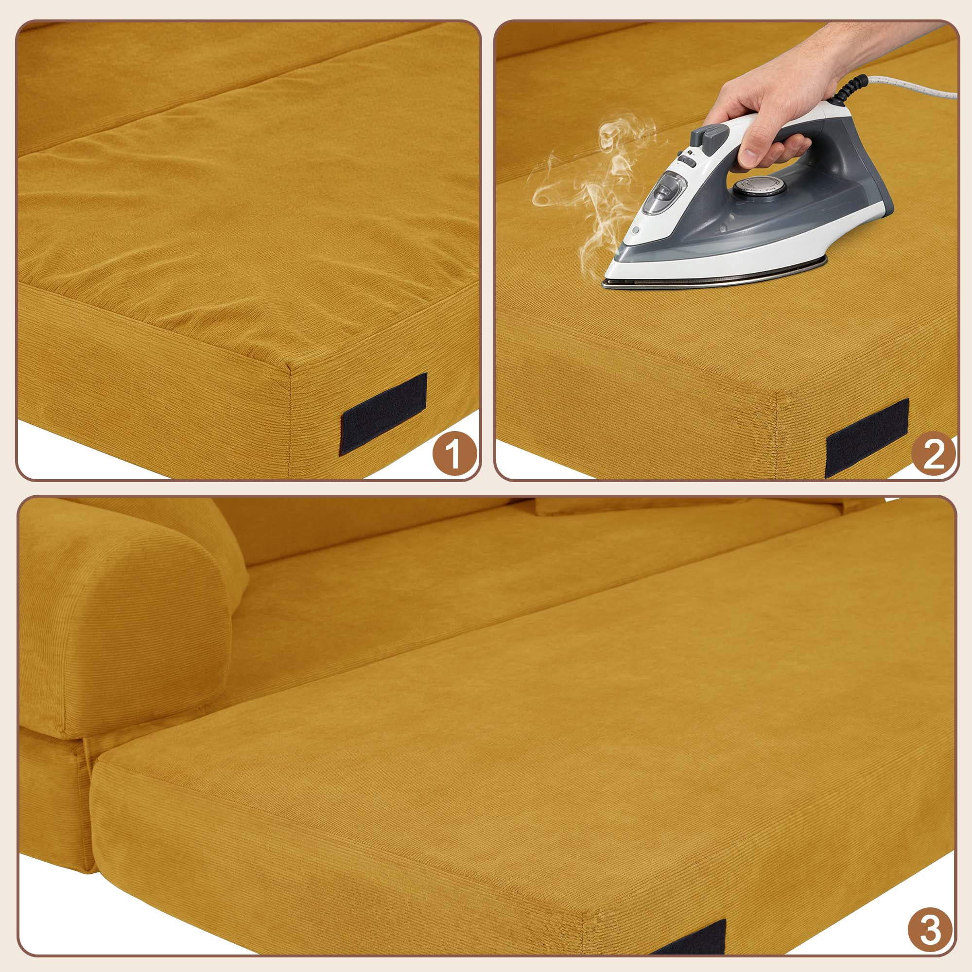 Miniyam 80" W Convertible Sofa, Boneless Couches for Living Room, Folding Sleeper Sofa Bed Queen with Pockets, Corduroy Flod Out Compressed Couch in a Box(Yellow)