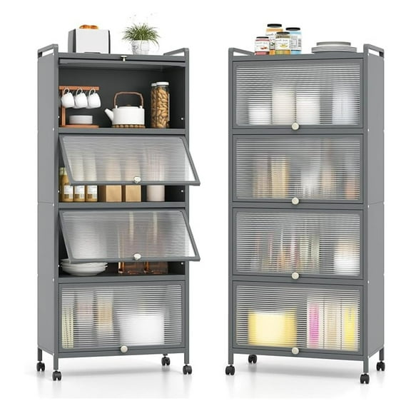 WDZS 5-Tier Kitchen Storage Cabinet, Mobile Microwave Stand with Flip-up PC Doors, Freestanding Kitchen Bakers Rack with 4 Rolling Casters, for Dining Room, Living Room and Study, Grey