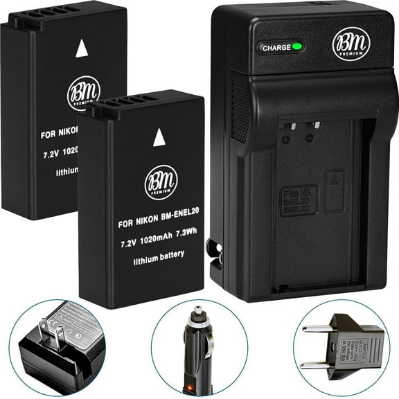 BM Premium 2 EN-EL20, EN-EL20A Batteries and Charger for Nikon Coolpix P950, P1000, DL24-500, Coolpix A, 1 AW1, 1 J1, 1 J2, 1 J3, 1 S1, 1 V3 Cameras