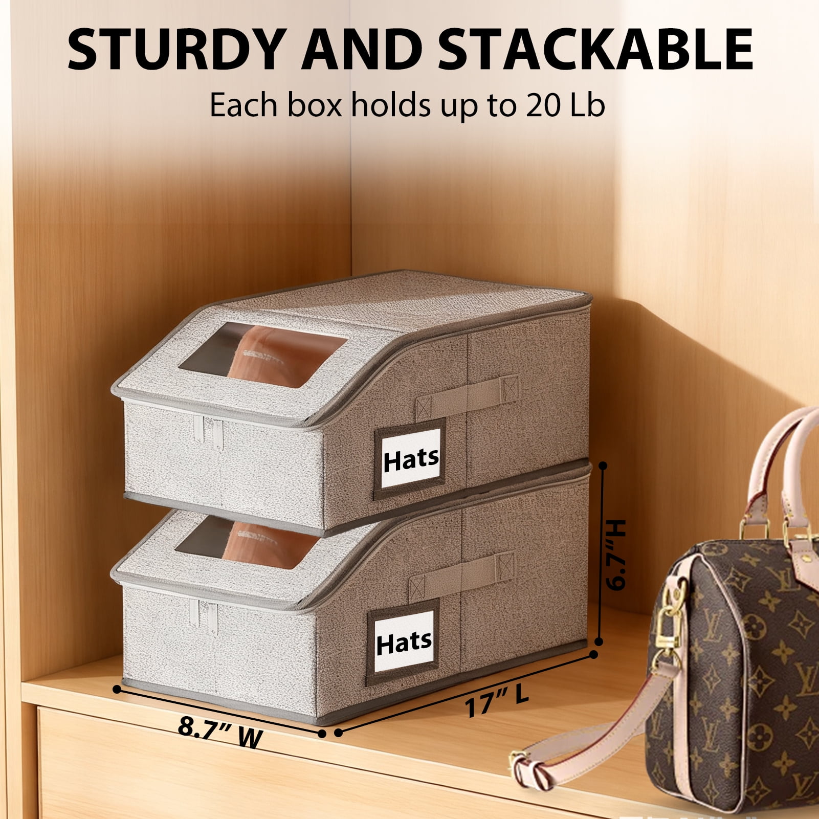 Lumikrypt 4 Pcs Stackable Hat Storage for Baseball Caps, Hat Organizer with Clear Window Lid, Holds up to 24 Caps Hat Organizer for Closet with Cardboard, Breathable Fabric(Grey)