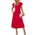thumbnail image 5 of Nuoqisi Women's Solid Color Lace Trim Short Sleeve Round Neck Midi Dress - Feminine Dress with Delicate Details, 5 of 8
