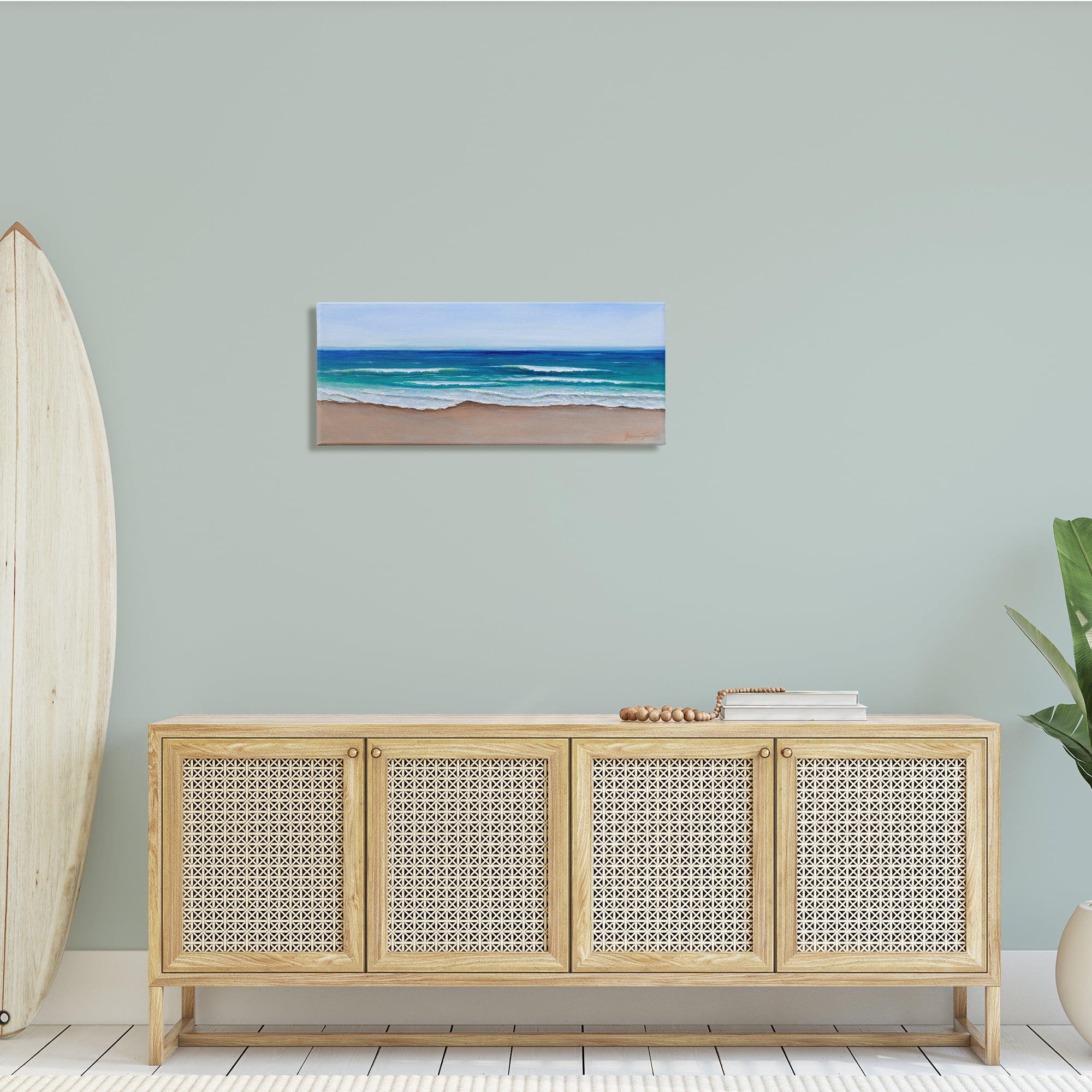 Stupell Industries Vibrant Blue Beach Coast Ocean Shoreline Panoramic Painting, 30 x 13, Design by Lauren Jane