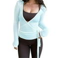 thumbnail image 5 of HAJWOH Womens Ballet Wrap Top Long Sleeve Tie Front Workout Cover Up Pilates Yoga Tops Y2k Fairy Coquette Shirt Going Out Light Blue M, 5 of 5