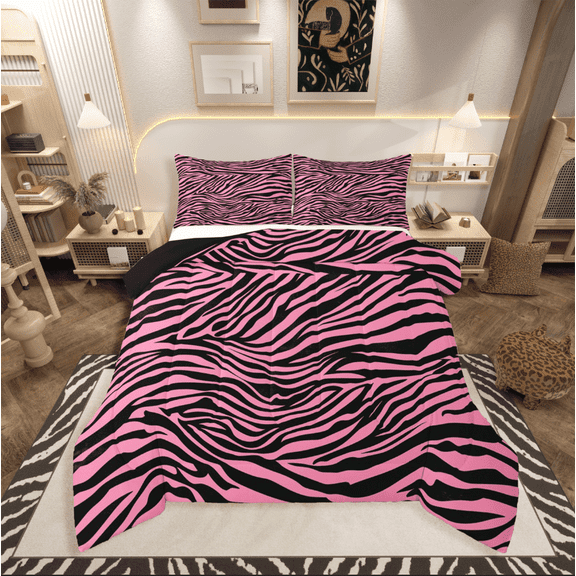 Manfei Geometric Stripes 2pcs Bedding Comforter Set,Black Pink Twin Comforter Sets,Zebra Print Bedding Set,Microfiber Abstract Room Decor,Reversible