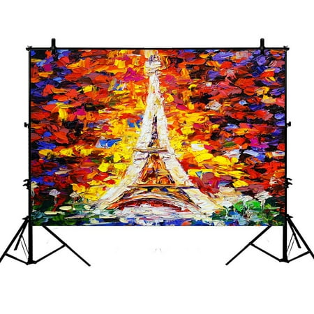 Image of PHFZK 7x5ft Oil Painting Backdrops City View of Paris Eiffel Tower Colorful Photography Backdrops Polyester Photo Background Studio Props
