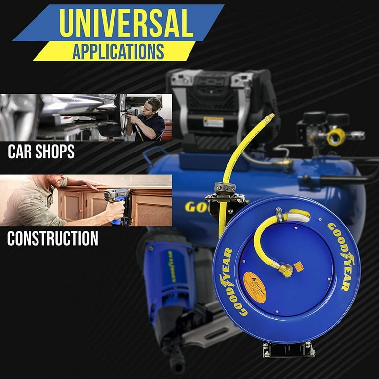 Goodyear L815153G Steel Retractable Air Compressor/Water Hose Reel with 3/8 in. x 50 ft. Rubber Hose, Max. 300PSI Goodyear L815153G Steel Retractable Air Compressor/Water Hose Reel with 3/8 in. x 50 ft. Rubber Hose, Max. 300PSI