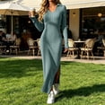 thumbnail image 6 of Tqcoqu Women's Solid Ribbed Knit Maxi Dresses,Lapel V Neck Long Sleeve Slim Fit Dress,Side Slit Business Elegant Maxi Dress,Blue Women's S-XXL, 6 of 7