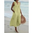 thumbnail image 2 of Robe d'Été Ample Décontractée Patchwork Coton Lin Poches Col en V Style Plage Robe Sans Manches Vintage Club Midi Unie Robe Femme, 2 of 5