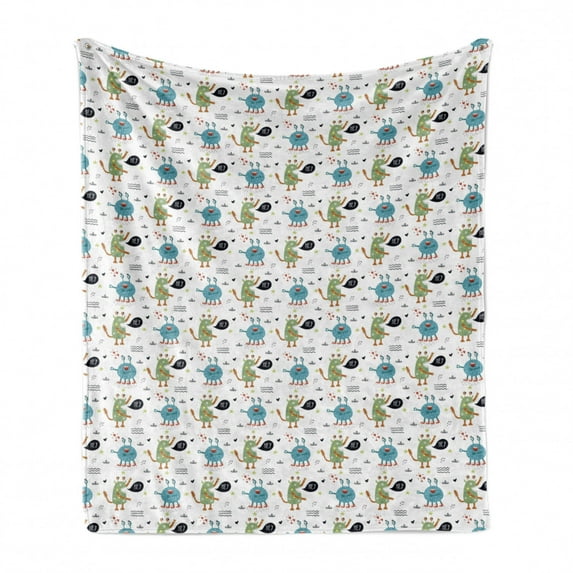 Funny Soft Flannel Fleece Throw Blanket, Funky Monsters and Smiling Creatures Playing with Doodled Heart and Flower Shapes, Cozy Plush for Indoor and Outdoor Use, 50" x 70", Multicolor, by Ambesonne