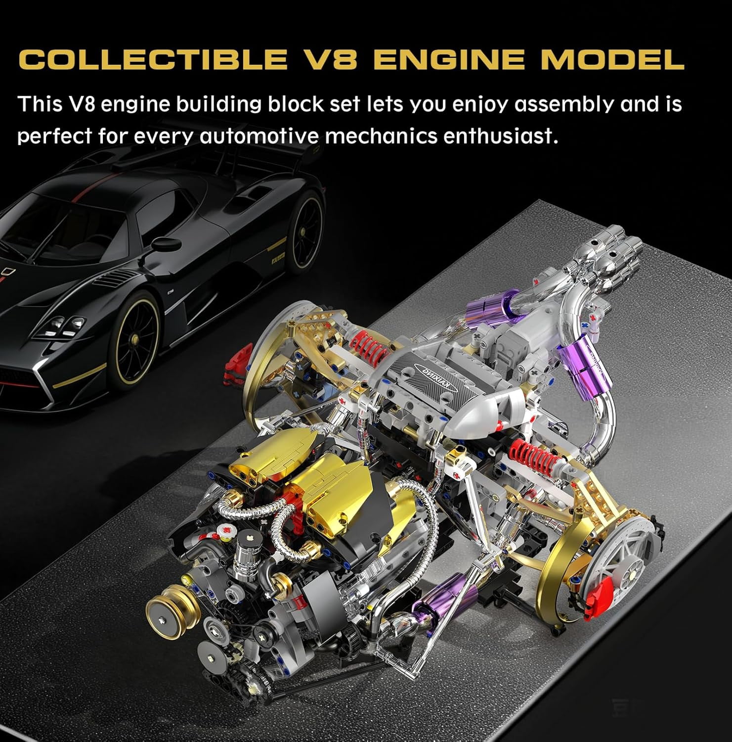 V8 Engine Model Kit That Works, 1394 PCS Advanced Collectible Engine Building Block Sets with Lights & Spray