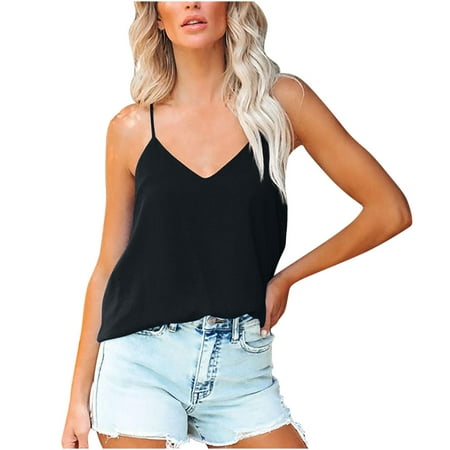 BYOIMUD Clothing Sales Summer Spaghetti Strap Camisole for Women Holiday V Neck Sleeveless Tees Pullover Leisure Loose Fit Solid Sling Blouse Top Black