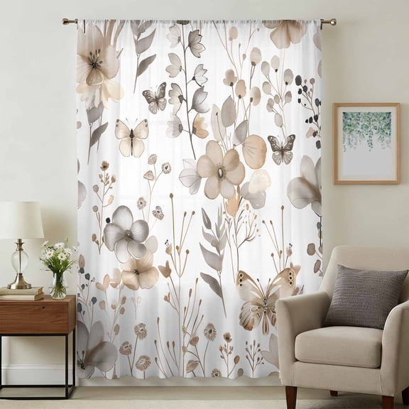 Brown Grey Floral Spring Sheer Curtains 54 Inches Long, Watercolor Botanical Butterfly Light Filering Curtains, Breathable Simi Curtain Privacy Drapes for Kitchen Bathroom Small Window Treatment