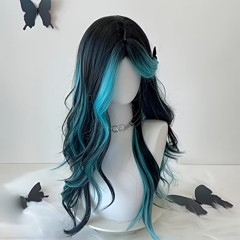 Black and blue highlighted middle-parted wavy long hair wig suitable for everyone, elegant party special