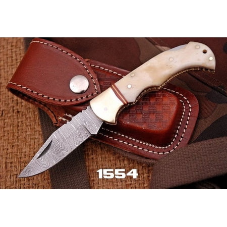 CUSTOM HAND FORGED DAMASCUS STEEL FOLDING KNIFE ENGRAVED BRASS BOLSTER W/ BONE HANDLE