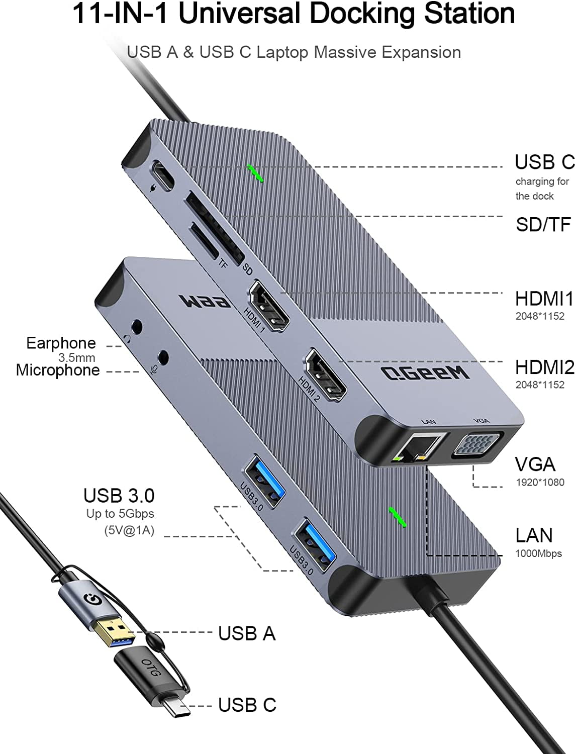 QGeeM USB 3.0 Docking Station, Triple Display USB C Hub Dual HDMI VGA Adapter, Portable USB A Dock Compatible with All USB-C and USB 3.0 Laptop
