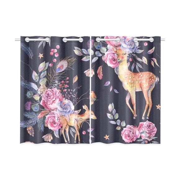 YUSDECOR Watercolor Floral Cute Deer Window Curtains Kitchen Curtain Room Bedroom Drapes Curtains 26x39 inch, 2 Piece