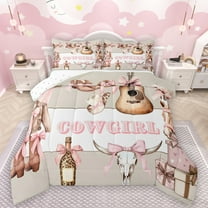 Manfei Chic Cowgirl Hats Queen Comforter Set,Retro Rustic Bull Skull Bedding Sets,Pink Bowtie Ribbon Bedding Comforter Set For Girls Kids,Ultra Soft Home Decor Reversible,3 Pieces