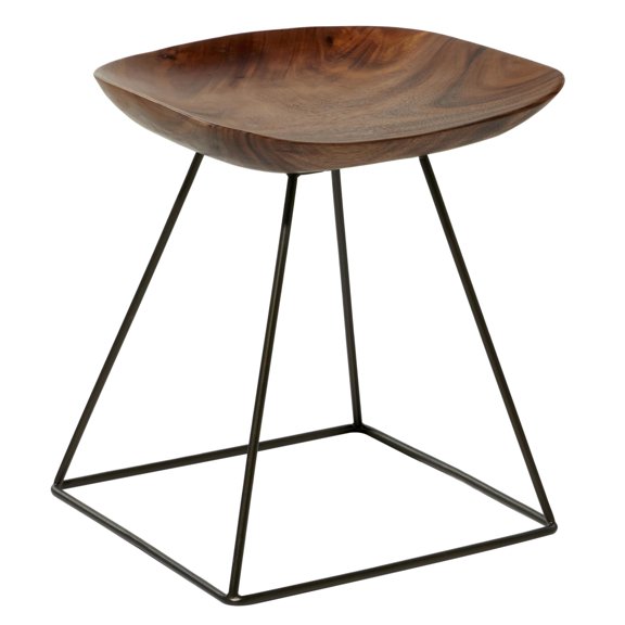 DecMode Wood Low Curved Stool with Black Metal Base, Brown