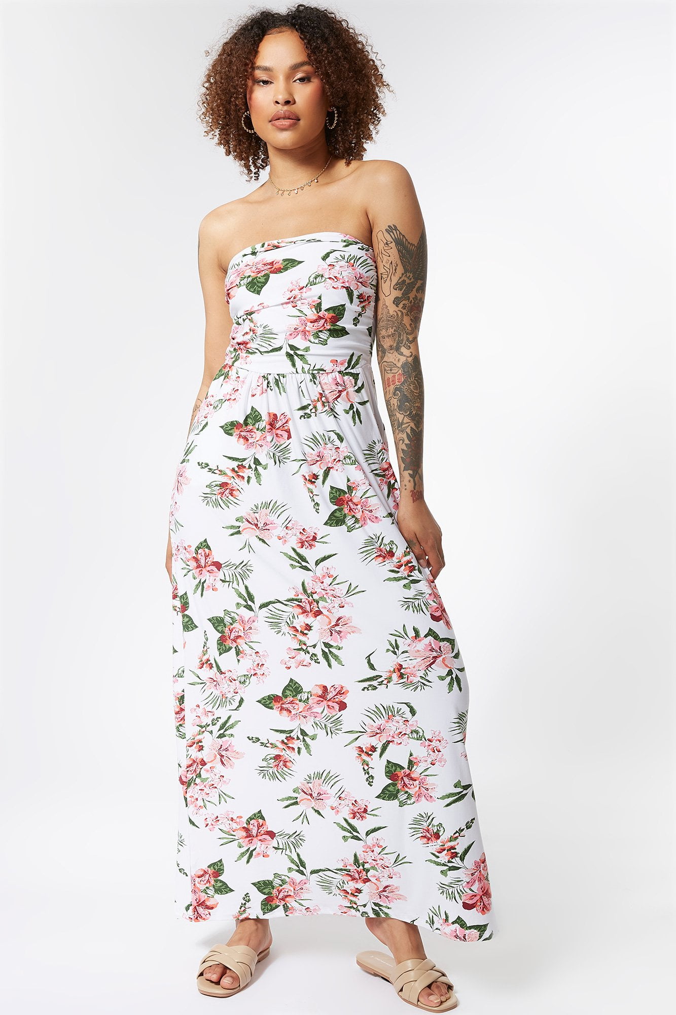 Urban Women's Floral Printed Soft Strapless Ruched Maxi Dress