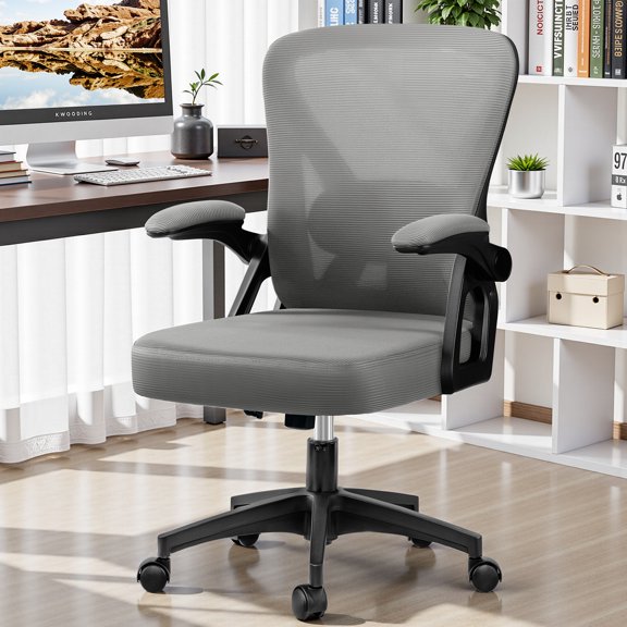 COOLHUT Office Desk Chair, Ergonomic Mesh Rolling Work Swivel Task Chairs with Wheels, Comfortable Lumbar Support, Comfy Flip-up Arms for Home, Bedroom, Study, Student, 8-Years Warranty, Gray