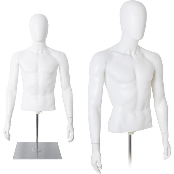 FreeLung Male Mannequin Torso Body, Height Adjustable with Metal Stand, White