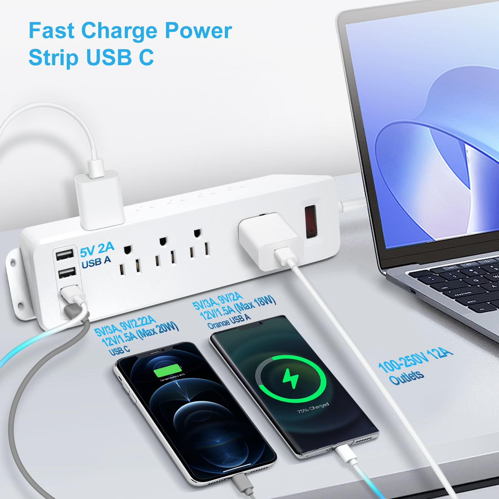 9 Outlets Wall Mount Power Strip with Fast Charge USB C, 13-in 1 Electrical Outlets