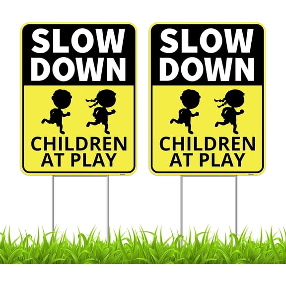 2 Pack Slow Down Children at Play Safety Signs for Streets, 8"x12" - Signs - - Caution Kids Playing Traffic Crossing Sign Metal Tin Signs/Without a frame