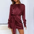thumbnail image 5 of Women Round Neck Long Sleeve Dress Solid Color Casual Slim Fit Tie Waist Ruched Wrap Cocktail Party Dresses, 5 of 8