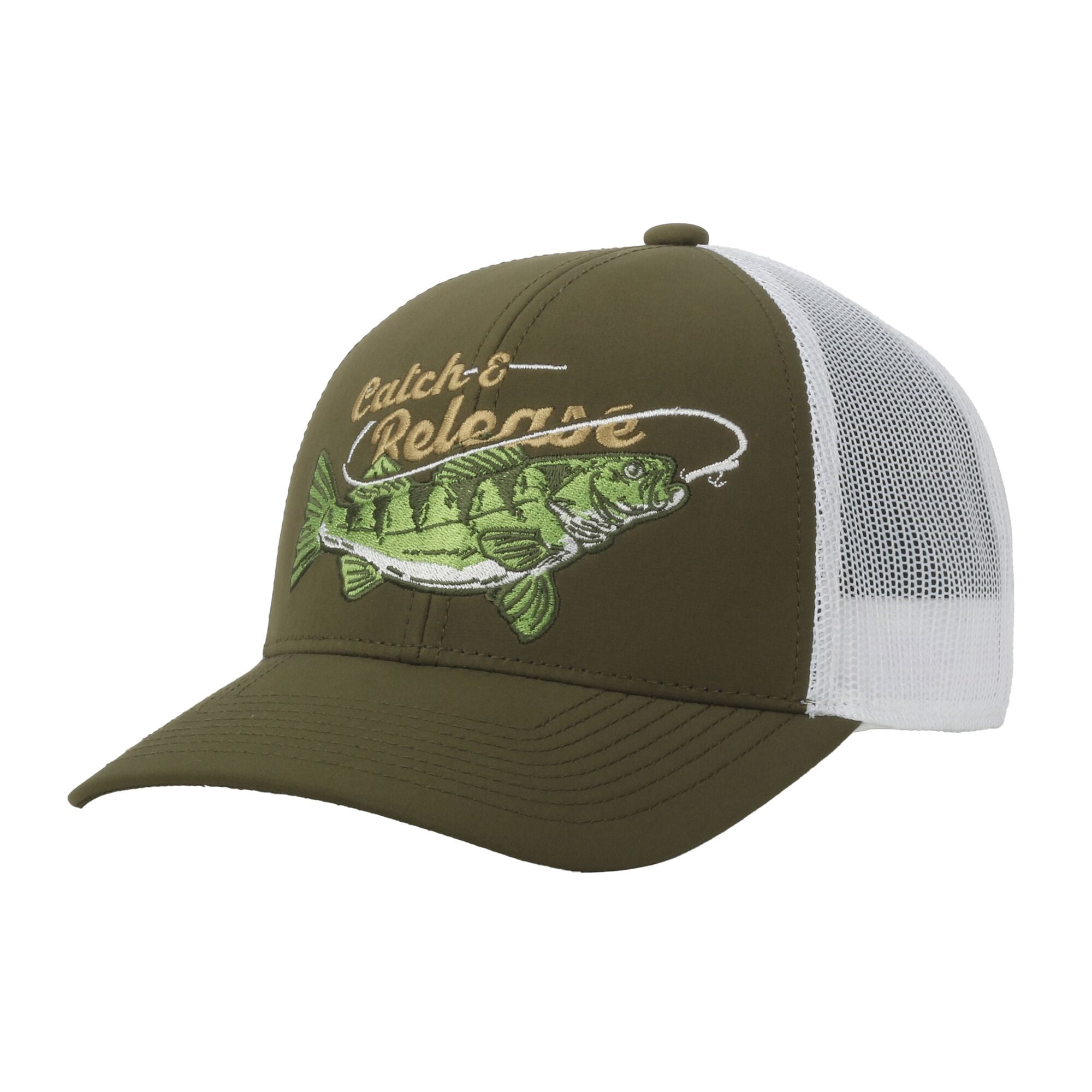 Olive/White Walleye 5-Panel Fishing Cap – Structured, Embroidered, Snapback, One Size