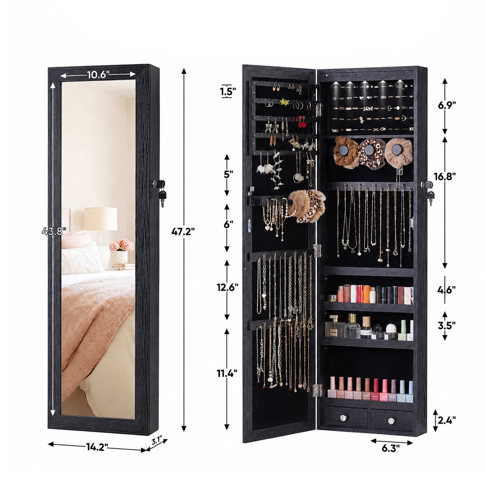 Alvantor Jewelry Organizers and Storage, 47.2-Inch Tall Lockable Wall or Door Mounted Jewelry Armoire Organizer with Mirror, 2 Drawers, 6 LEDs Mirror Jewelry Cabinet
