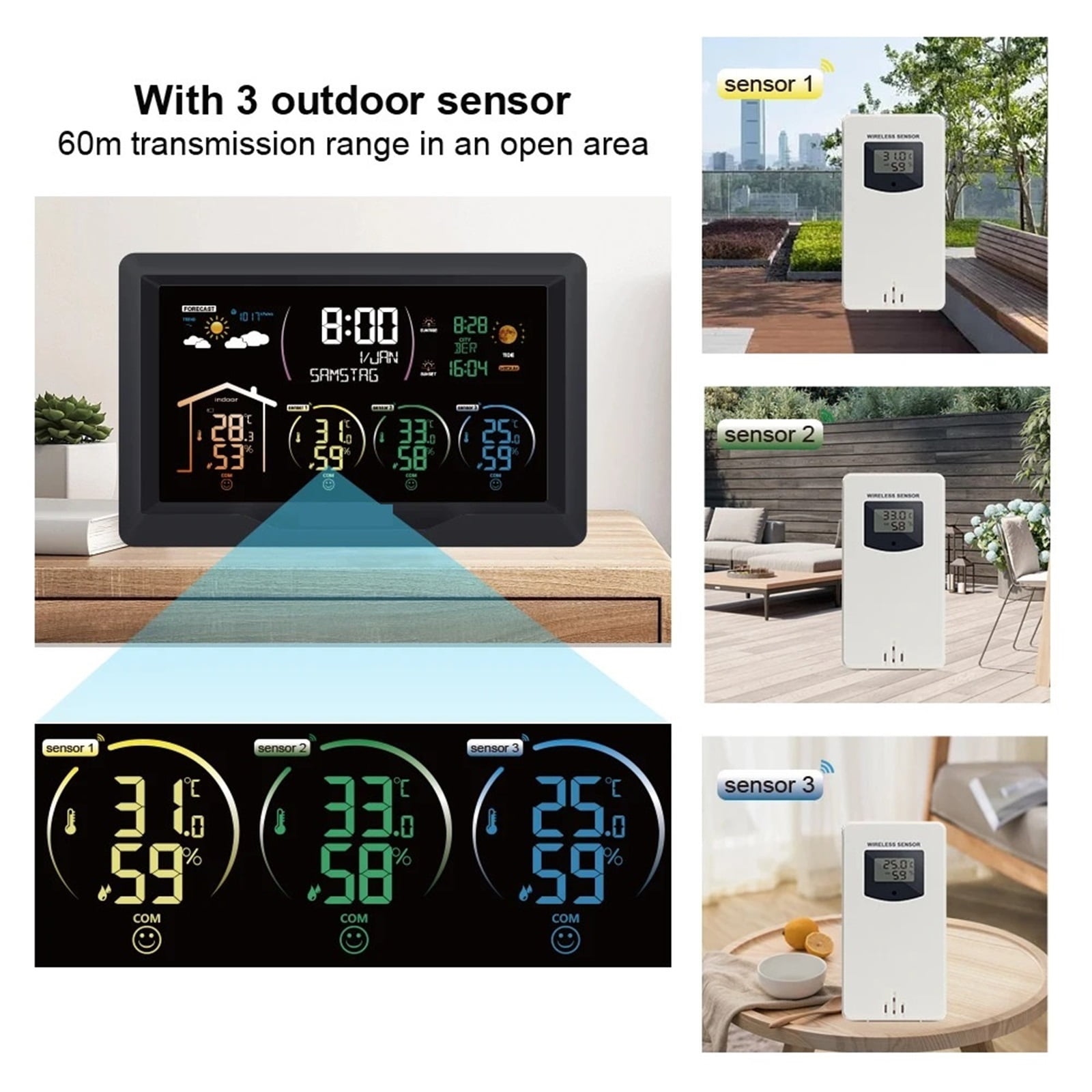 Weather Station Wireless Digital Indoor Outdoor Forecast Hygrometer Humidity Temperature Meter With 3 Sensors ,Excellent Visual Experience