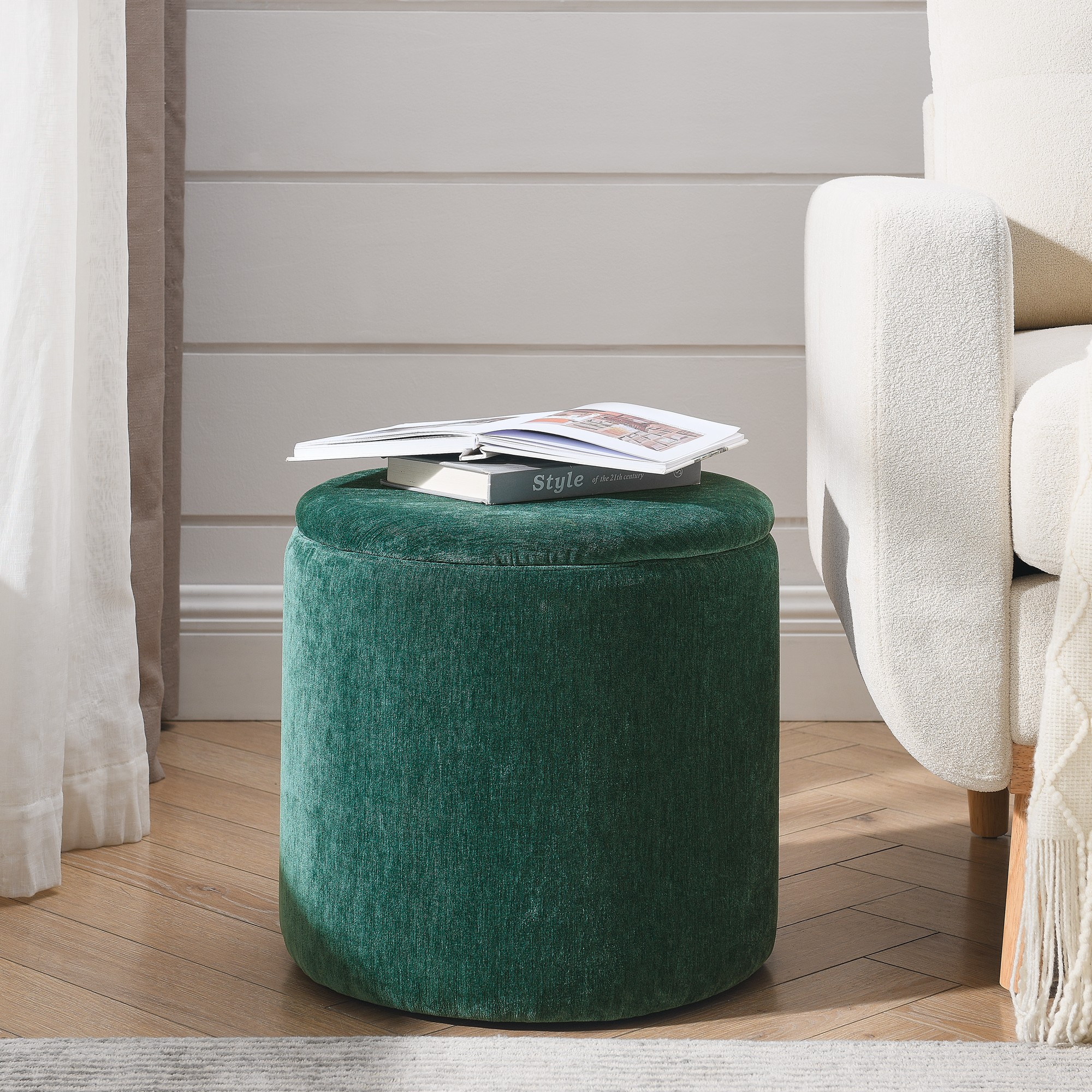 Aukfa 2-Piece Round Storage Ottoman Set with Vanity Stool, Chenille Upholstered End Table for Living Room & Bedroom, Green