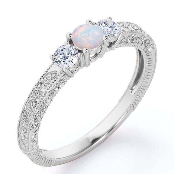 JeenMata Trilogy Cathedral Prong - 1 Carat Round Brilliant Cut Rainbow Opal and Moissanite - Carved Filigree Milgrain Engagement Ring - 18K White Gold Plating over Silver