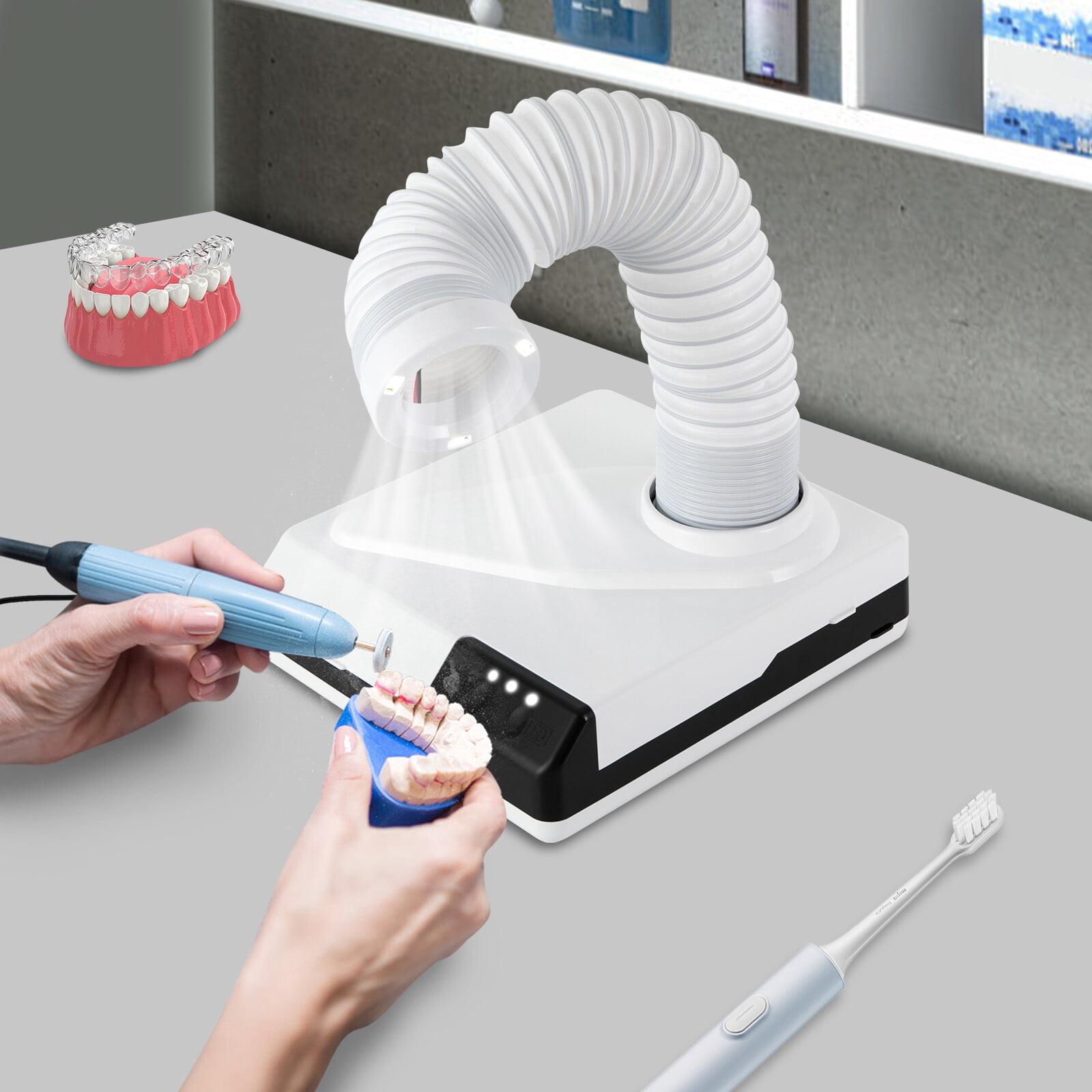 60W Dental Dust Collector with 360° Rotating Suction Hose & LED Light, Extra-Oral Vacuum Cleaner for Dentistry, Nail Salons & Beauty Studios, Strong Suction Dust Extractor with Fine Filter