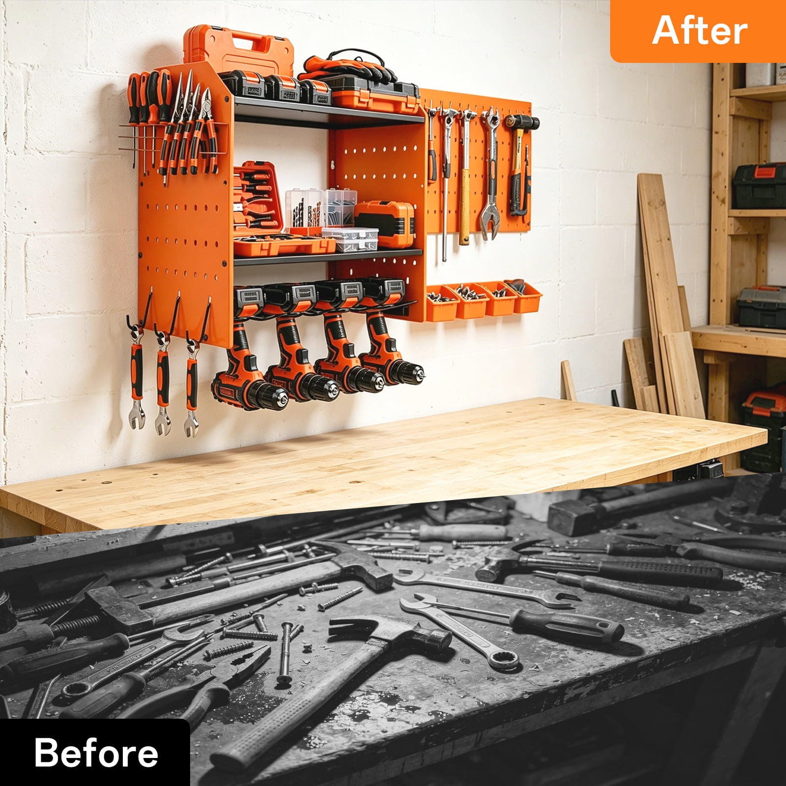 Power Tool Organizer Wall Mount, 4-Layer Drill Storage Shelf with Hooks,Screwdriver,Drill Bit Heavy Duty Rack Orange