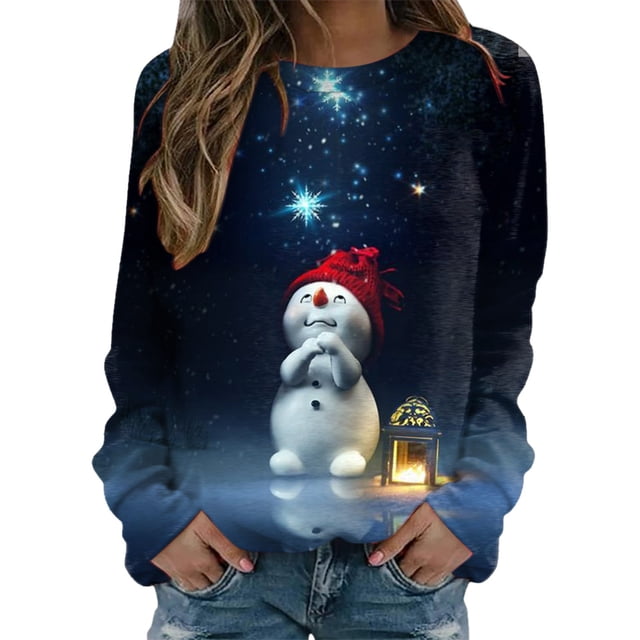 HNMKIU Hauts à Manches Longues pour Femmes, Chandail en Molleton Imprimé Joyeux Noël, Col Rond, Coupe Ajustée, Chandail Décontracté, Chemises d'Entraînement à Manches Longues, Blouse Ample