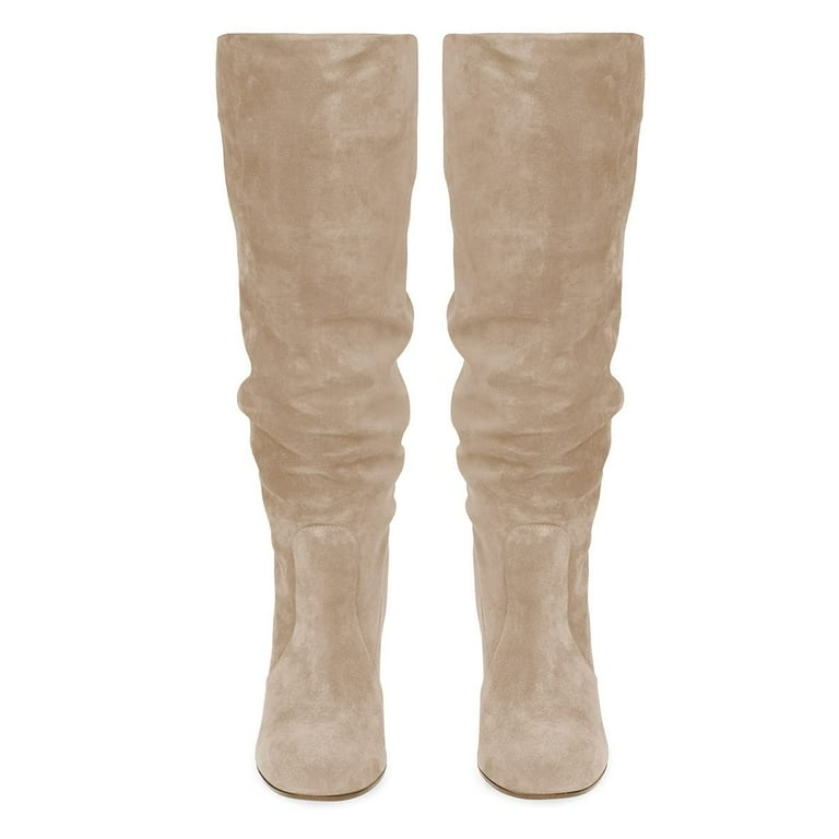 Ydn Women Round Toe Knee High Boots Pull on Slouch Chunky Mid Heels Fashion Winter Daily Dress Shoes Size 12 Beige, Women's