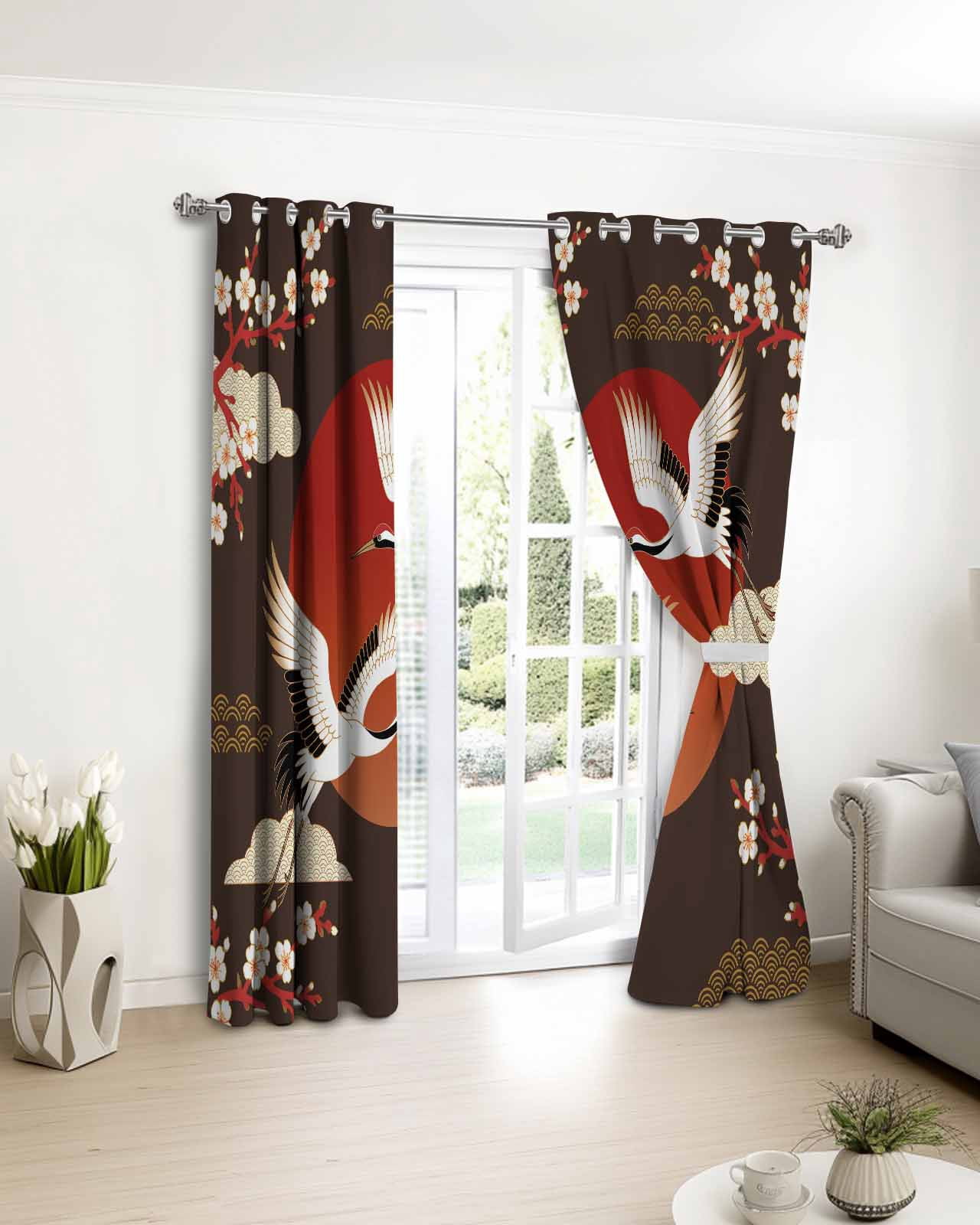 Japanese Style Blackout Curtains for Bedroom/Living Room, Thermal Insulated Kitchen Curtains, Modern Cranes Cherry Flower Wave Brown Grommet Darkening Window Treatment Drapes 52"x72"x2