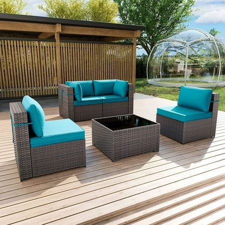Gotland Outdoor Patio Furniture Set 5 Pieces Sectional Rattan Sofa Set PE Rattan Wicker Patio Conversation Set with Seat Cushions and Tempered Glass Table Blue