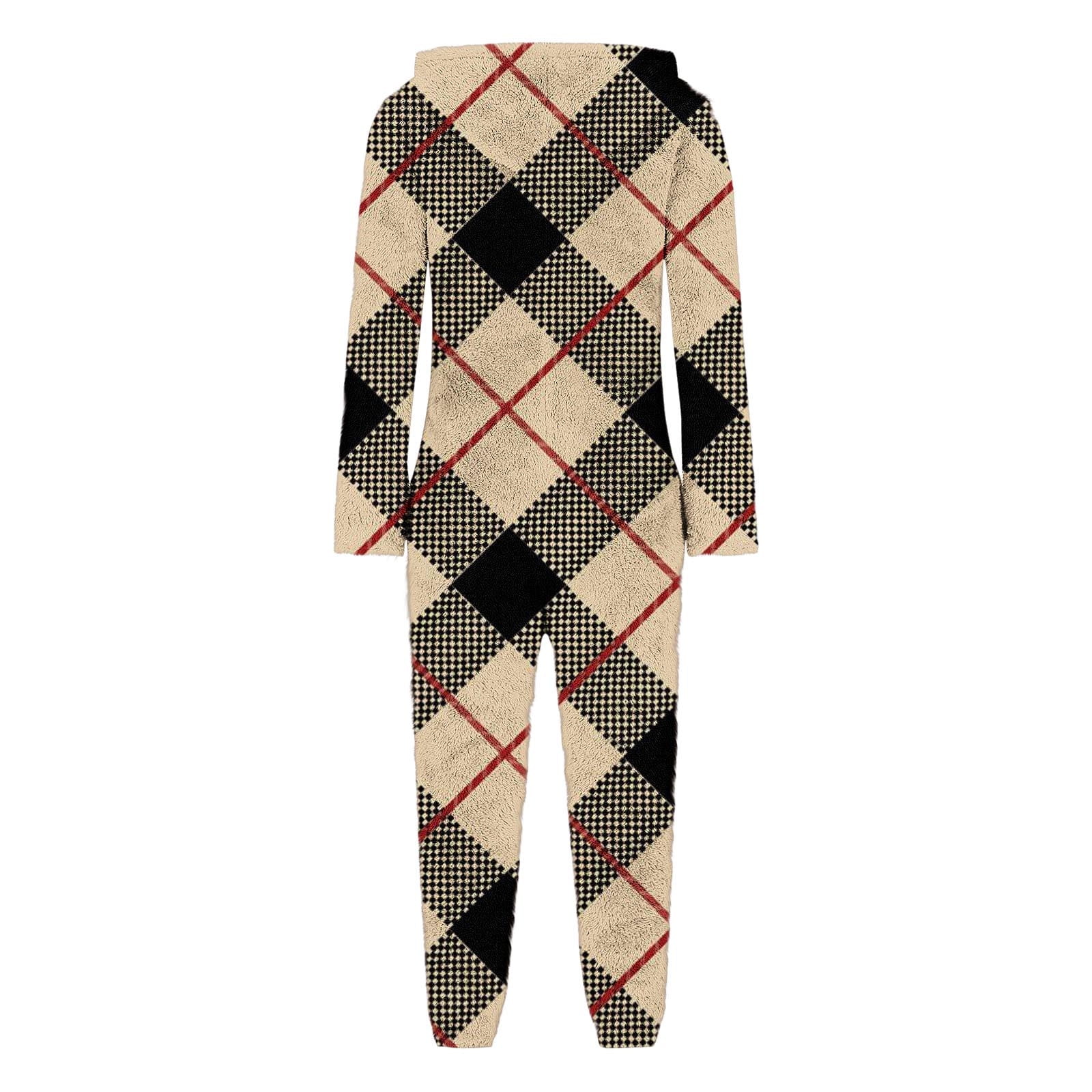 Adult Onesie Pajamas Plus Size New Women Print Long Sleeve Hooded Jumpsuit Pajamas Casual Winter Warm Romper Sleepwear Style B-31 Khaki S