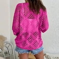 thumbnail image 3 of Women's Bohemian-Inspired Beige Crochet Hollow Out Top with V-Neck, Summer Beach Loose Fit Long Sleeve Crochet Cover Up Sweater, Swimsuit Cover-Up Short Sleeve Top Hot Pink S, 3 of 6