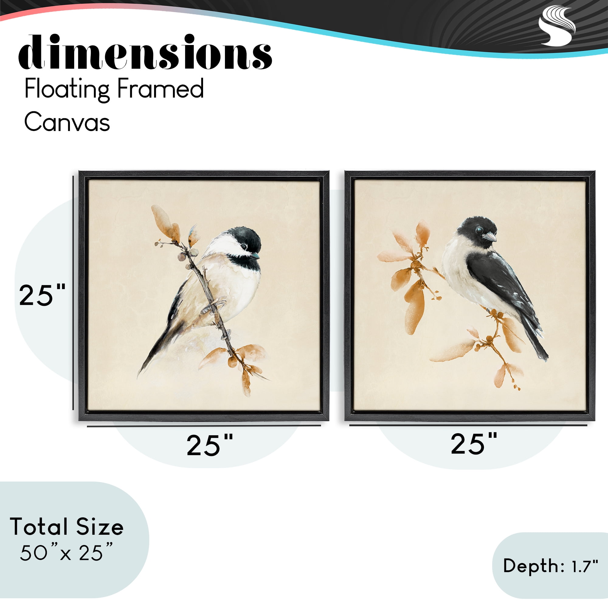 Stupell Industries Muted Chickadees on Beige 2 Piece Black Framed Floater Canvas Set, design by Diannart